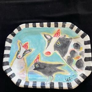 Good Friends”Handmade Ceramic 8 Sided Platter 13”x10” Original Pottery